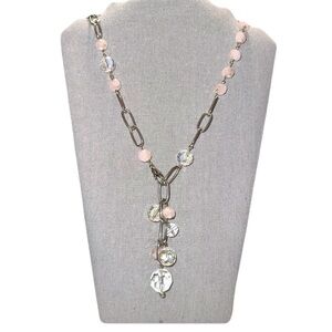 Y-style lariat necklace w/ chunky silver-tone chain & pink/clear glass beads